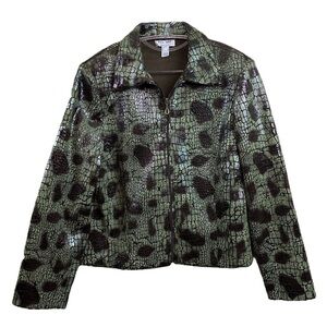 Ell Jay Animal Print Shiny Fleece Zip Jacket Sage Green Brown Size 14